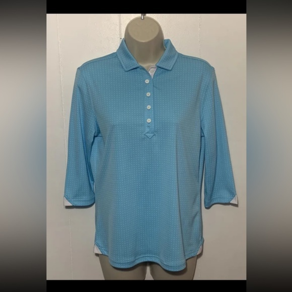 FJ FootJoy Womens 3/4 Sleeve Golf Polo Shirt Blue W White Polka‎ Dots Size S